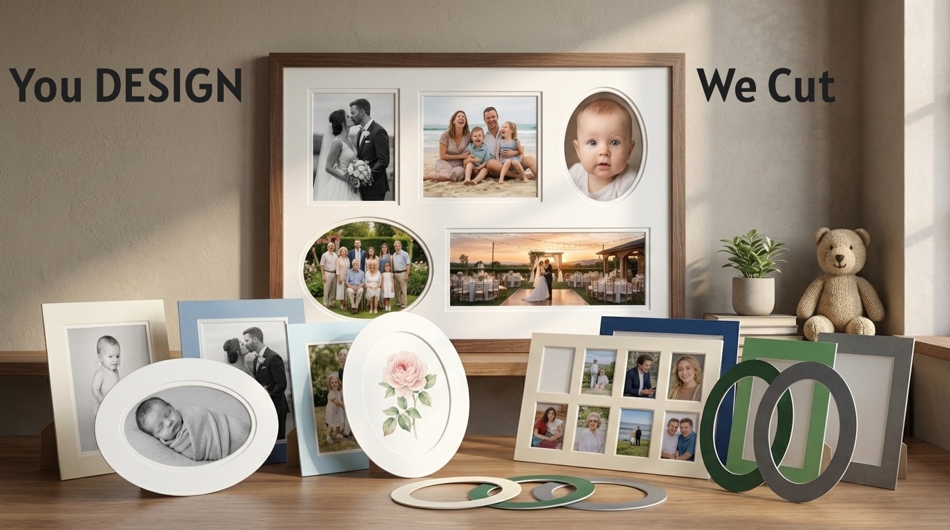 A showcase of custom picture mounts — multi-aperture, oval, and standard designs in a variety of colours