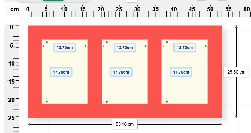 Row of three portraits — custom picture mount design with 3 apertures, 53.16 × 25.5 cm