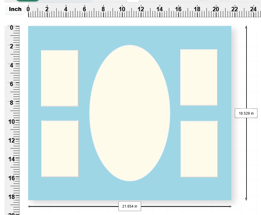 Collage with oval centre — custom picture mount design with 5 apertures, 21.65 × 18.53 in