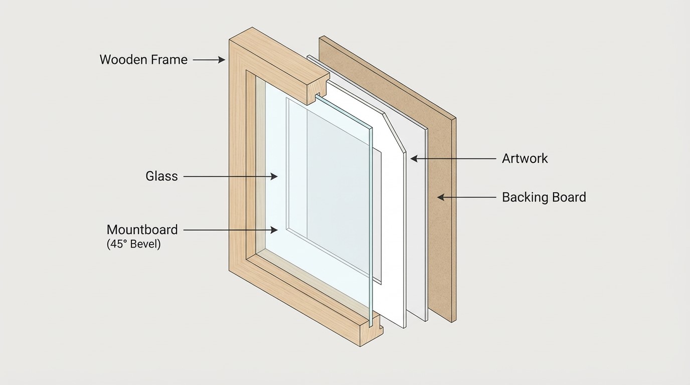 Labelled cross-section diagram showing the layers inside a picture frame: wooden frame, glass, mountboard with 45-degree bevelled aperture, artwork, and backing board