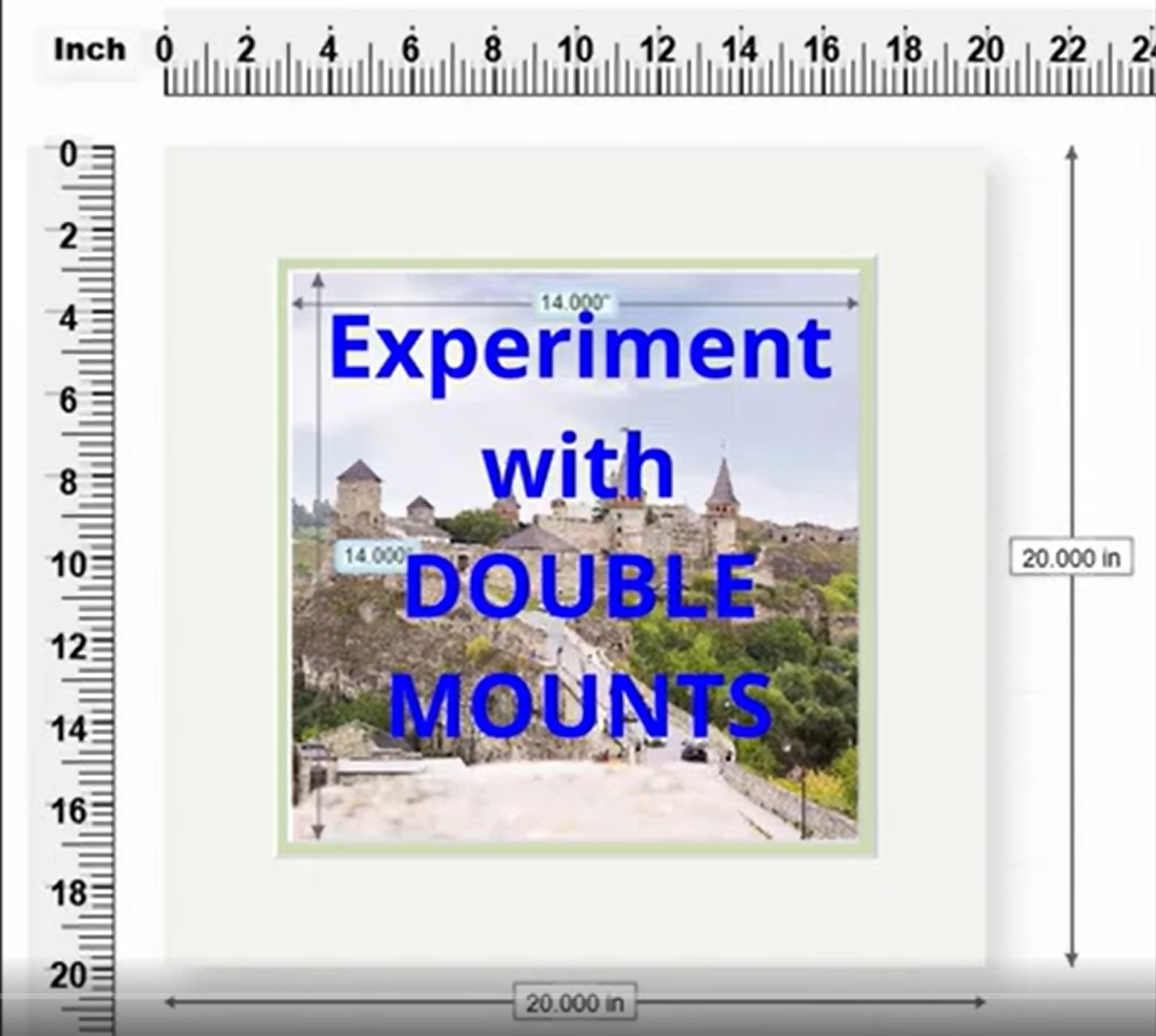 Screenshot of the Rondo Arts interactive mount design tool showing a double mount being designed with measurements, rulers, and a live preview