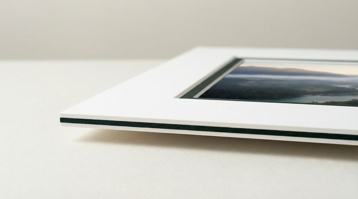 Close-up of a double picture mount showing two layers — a white top mount over a dark bottom mount with the contrasting inner border visible