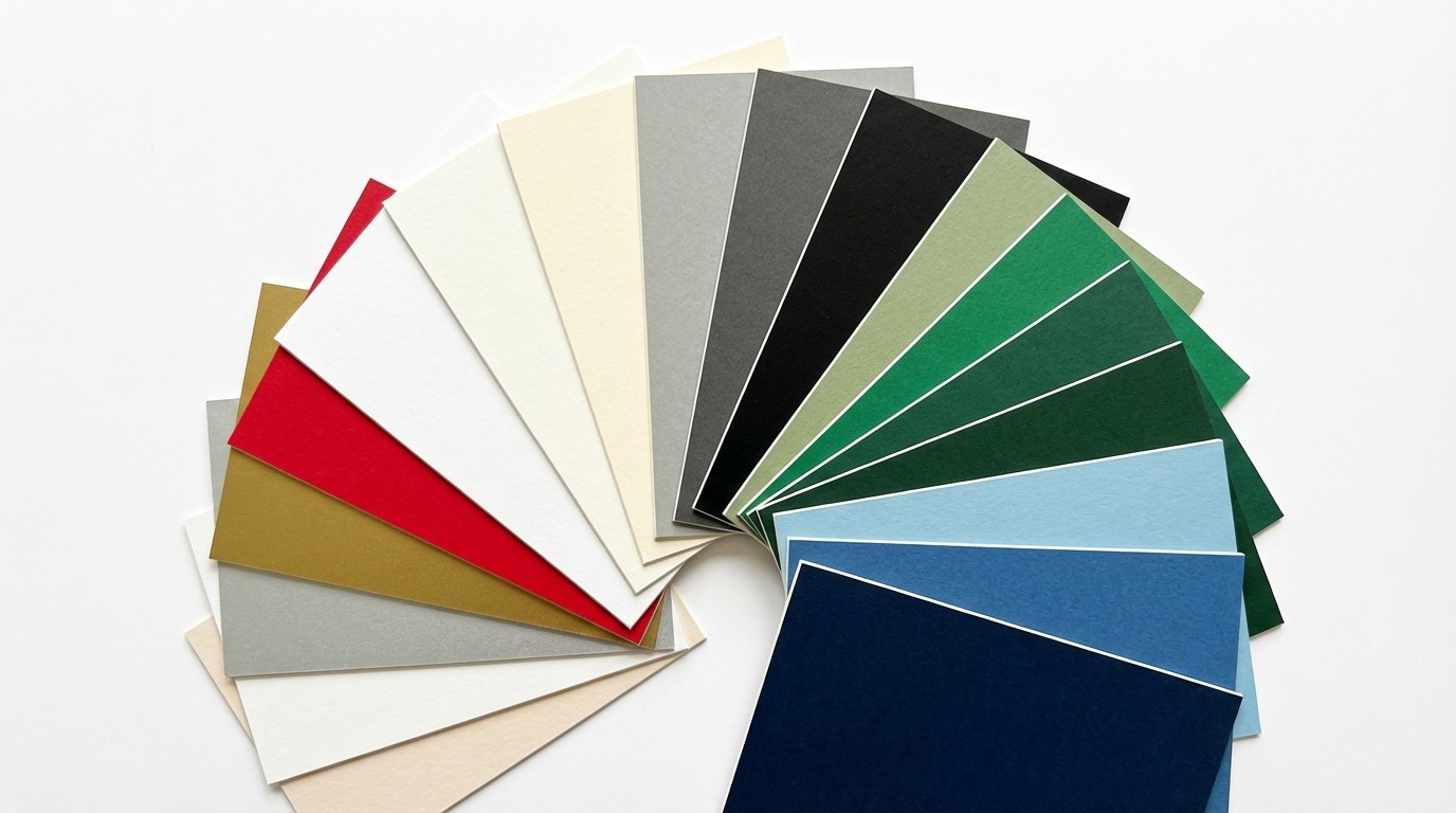 A fan arrangement of mountboard colour swatches showing the full range of available colours including whites, creams, greys, blacks, blues, greens, and reds