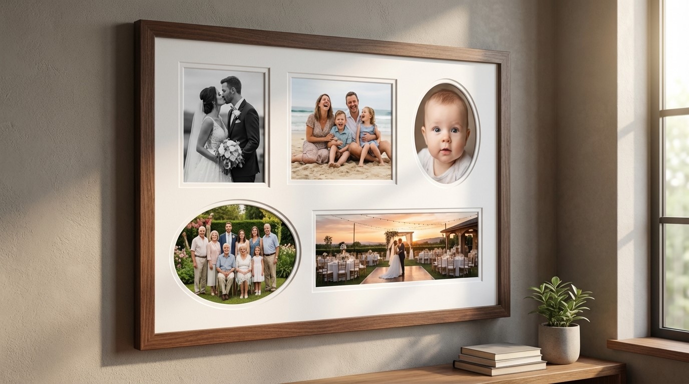 A framed multi-aperture picture mount displaying several family photographs in different sized windows within a single frame