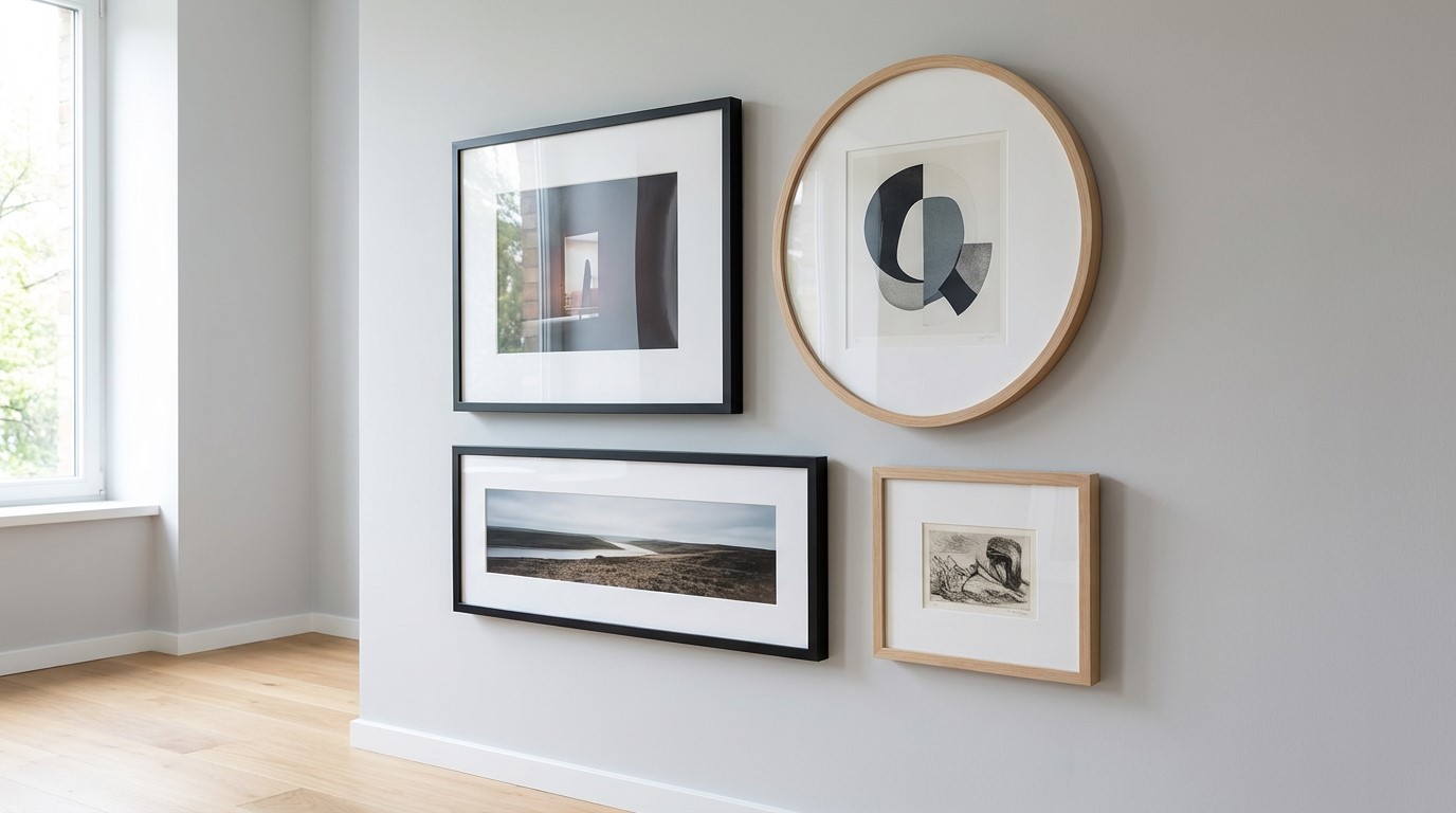 Several framed artworks with white picture mounts hanging on a gallery wall, demonstrating the professional presentation mounts provide