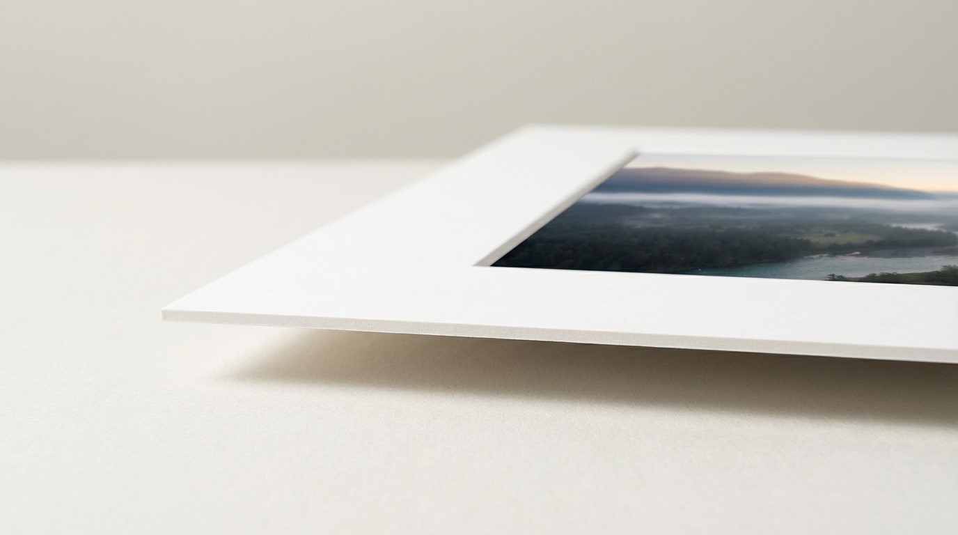 Close-up of a single white picture mount showing the clean bevelled edge and single layer of board