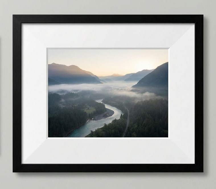 The same landscape print framed with a white picture mount, showing how the mount adds breathing space and a professional finish